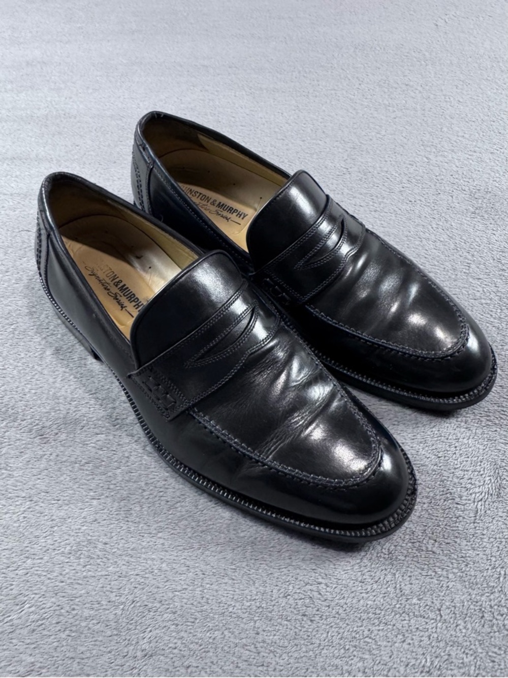 Johnston & Murphy Black Leather Penny Loafers - Sleek Dress Slip-Ons - Picture 3 of 13